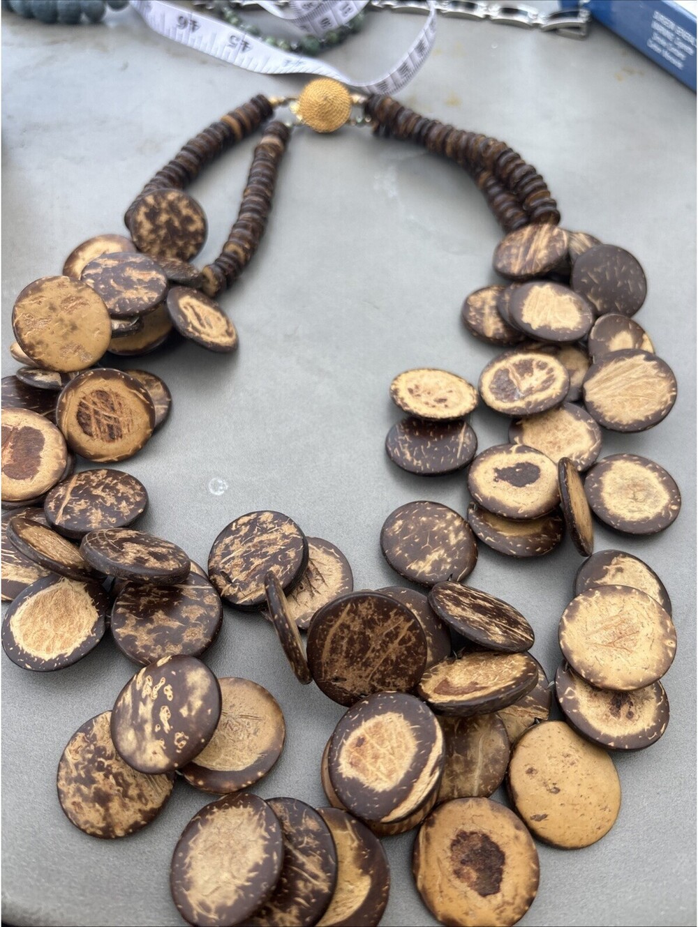 Vintage Boho Multi-Strand Coconut Shell Disc Statement Necklace